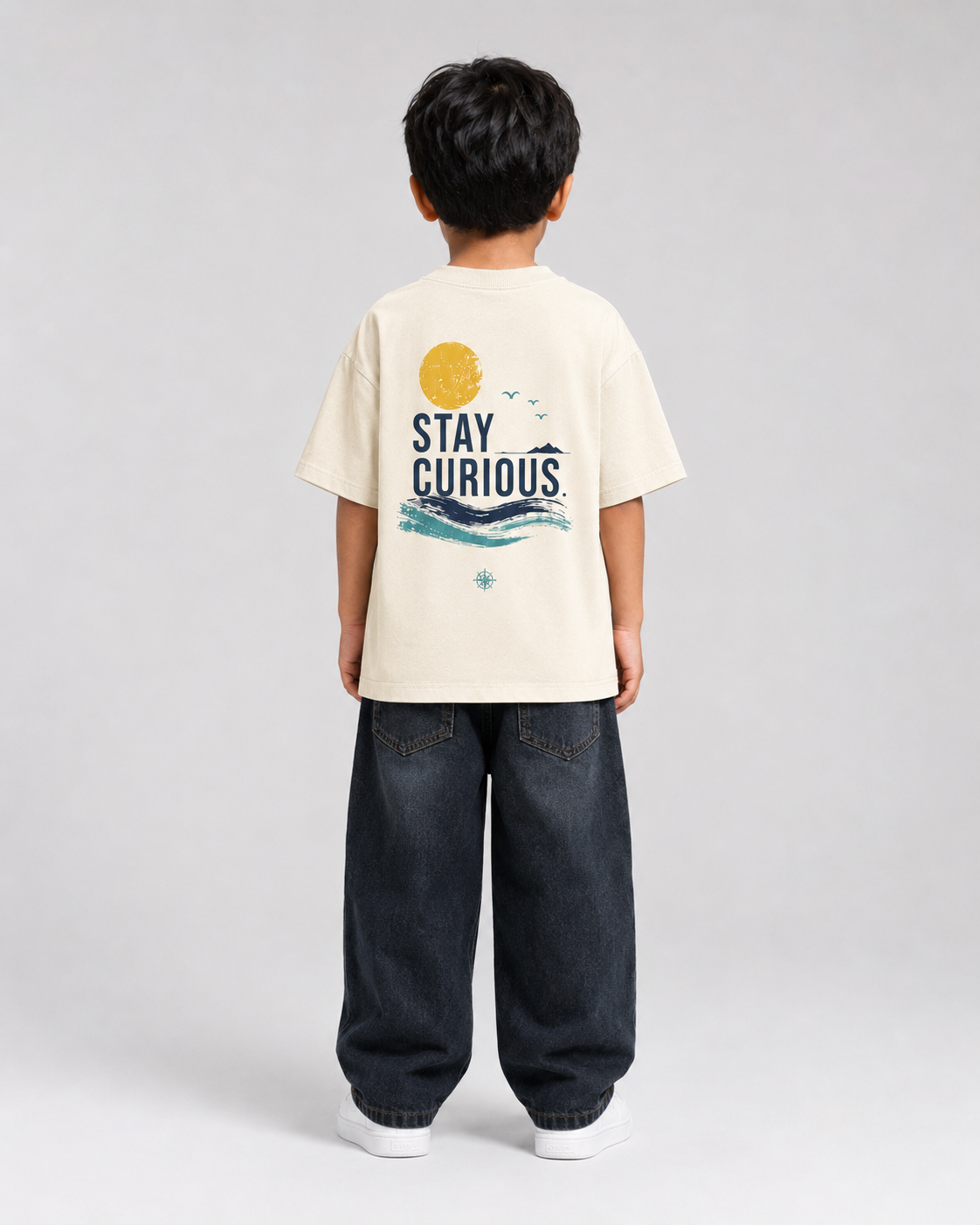 Boys oversized graphic t-shirt in off-white, Stay Curious print, Bold Cub Korean streetwear - back