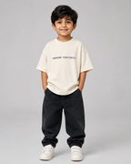 Boys oversized graphic t-shirt in off-white, Stay Curious print, Bold Cub Korean streetwear - front