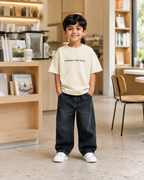 Boys oversized graphic t-shirt in off-white, Stay Curious print, Bold Cub Korean streetwear - lifestyle shot