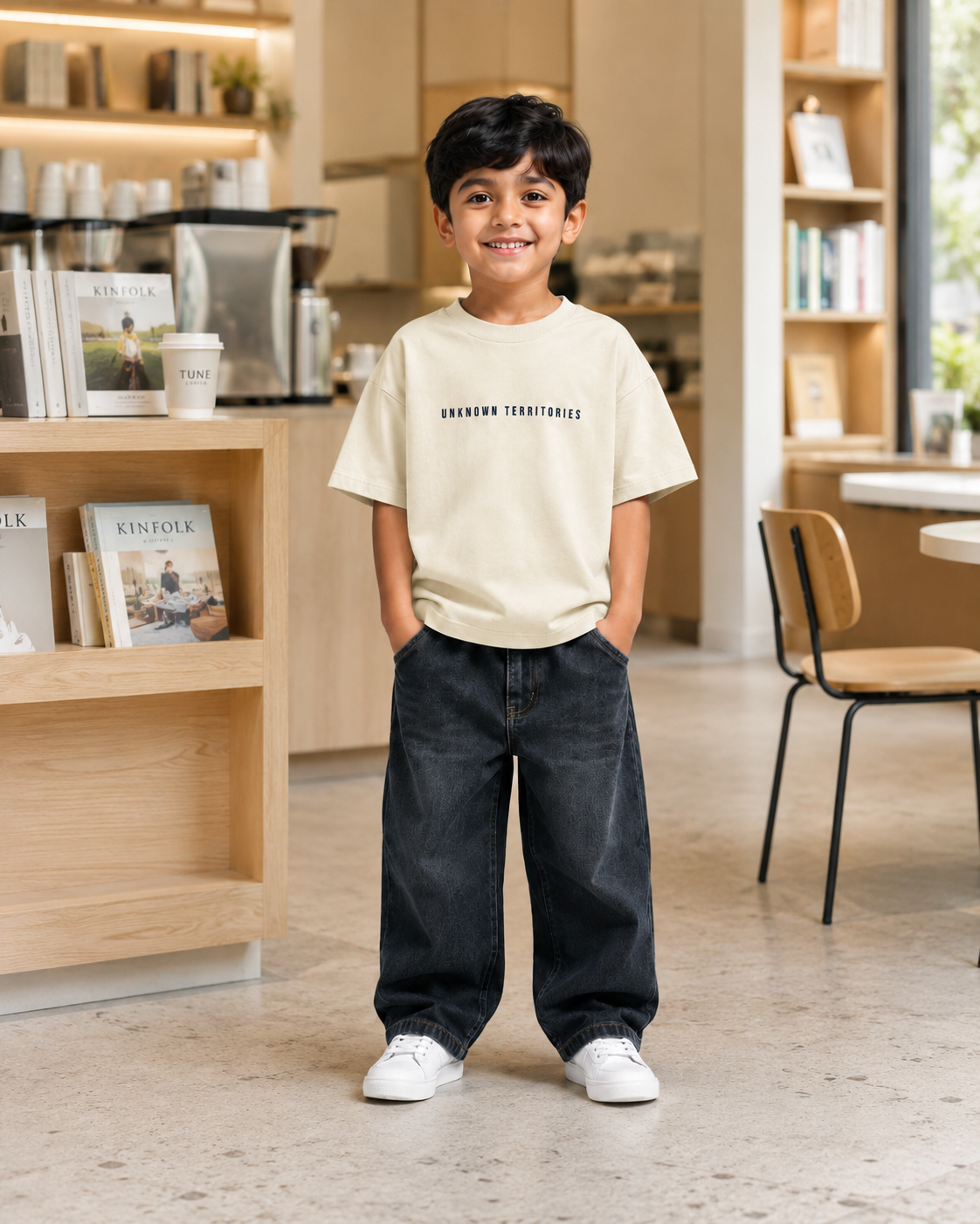 Boys oversized graphic t-shirt in off-white, Stay Curious print, Bold Cub Korean streetwear - lifestyle shot