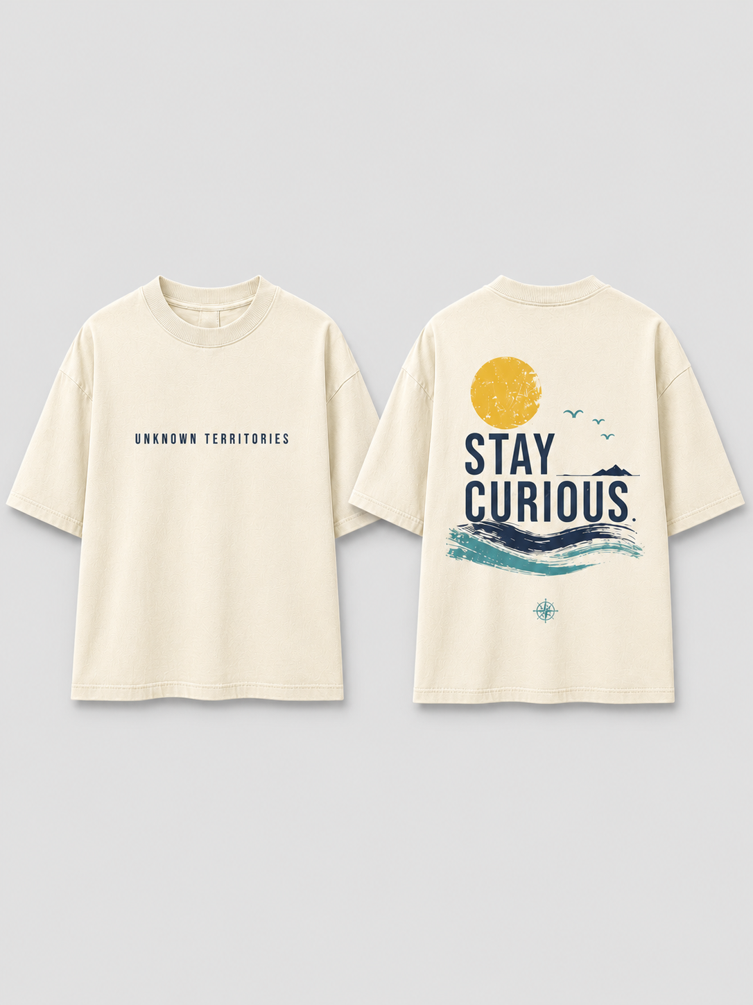 Boys oversized graphic t-shirt in off-white, Stay Curious print, Bold Cub Korean streetwear - flat lay