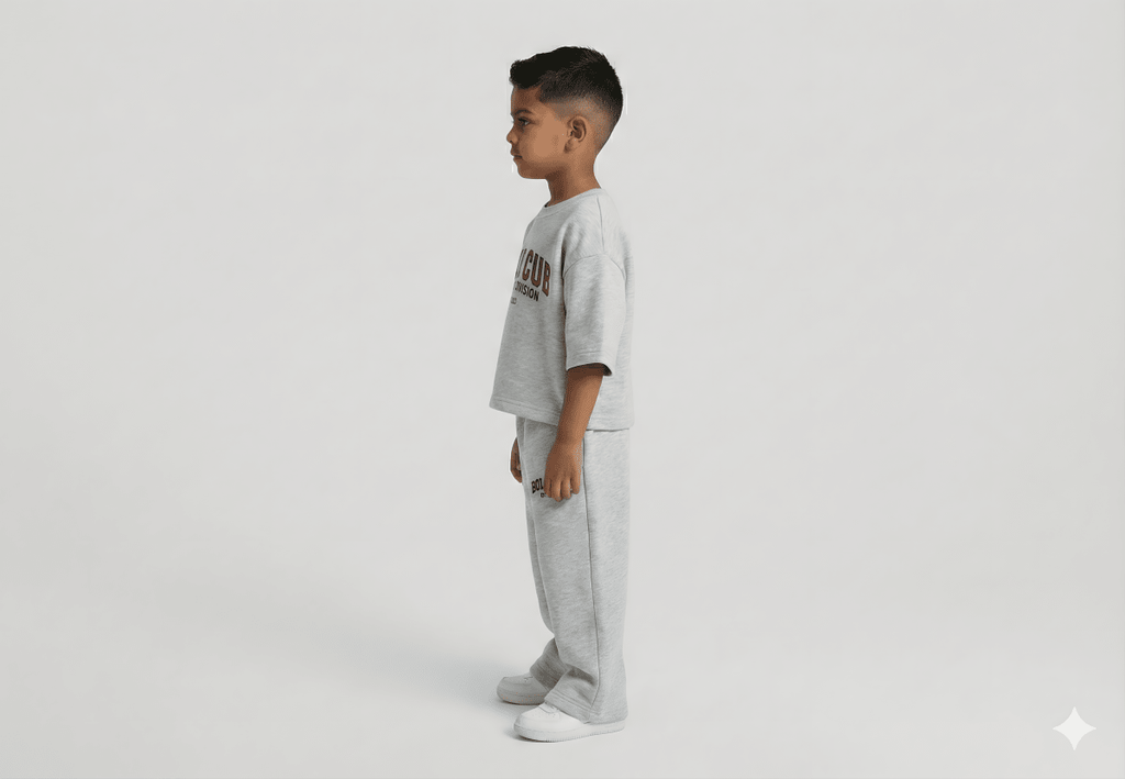 Child wearing a gray outfit with a logo on a white background