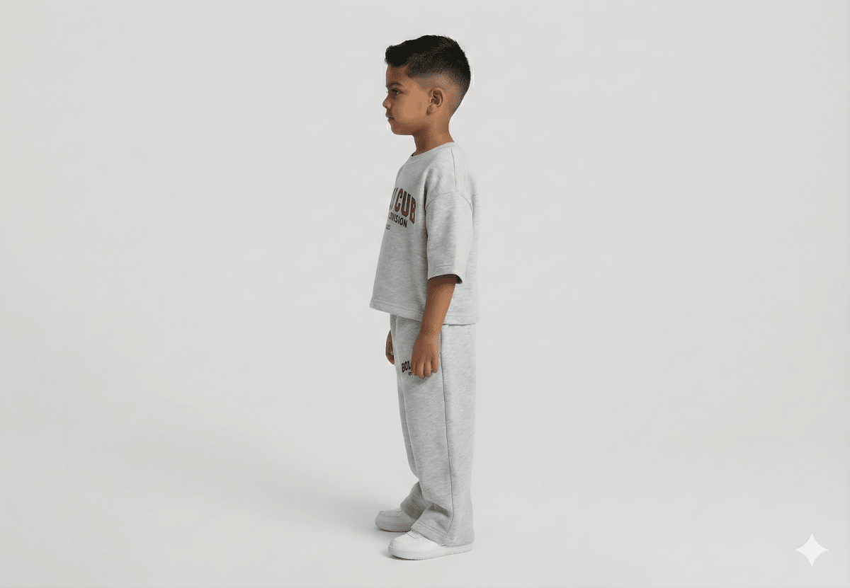 Child wearing a gray outfit with a logo on a white background