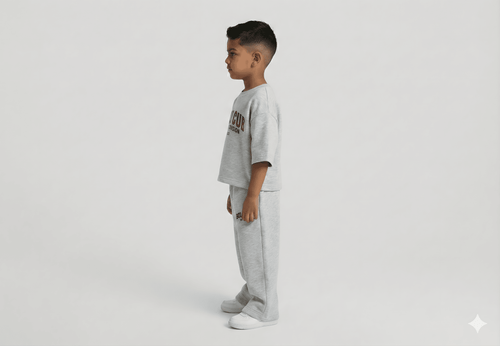 Child wearing a gray outfit with a logo on a white background