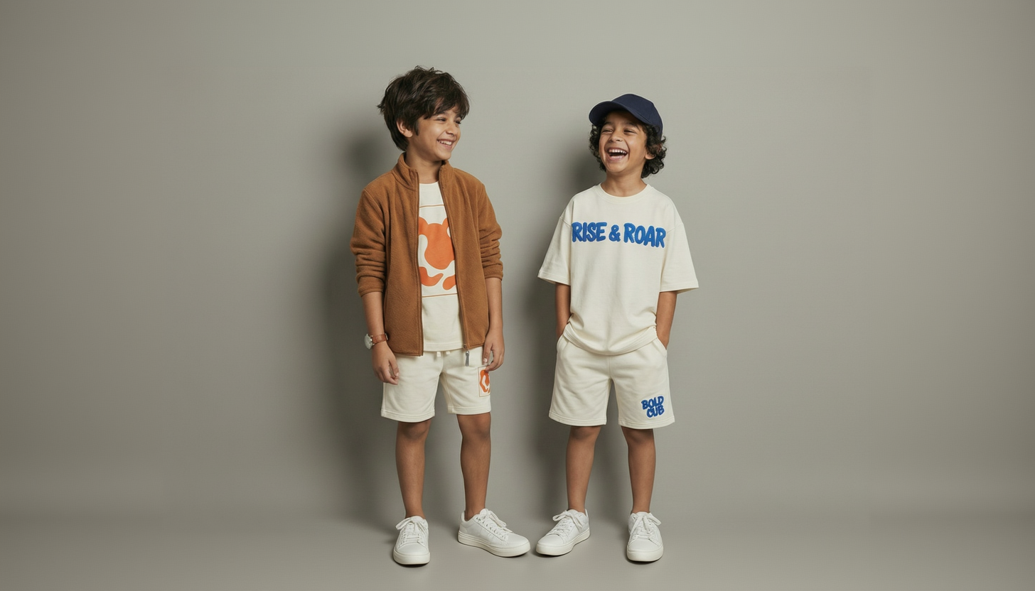 Two children wearing matching outfits with 'Rise & Roar' and 'Bold Cub' text on a plain background.