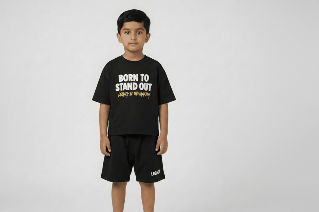Child wearing a black t-shirt and shorts with text on a white background