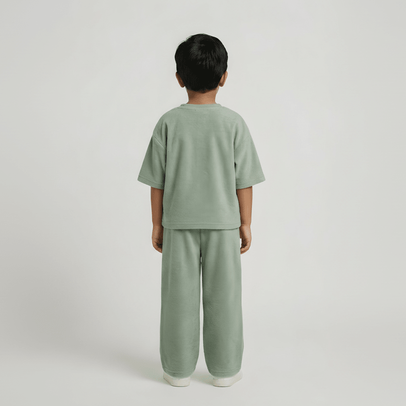 Child wearing a green outfit on a white background