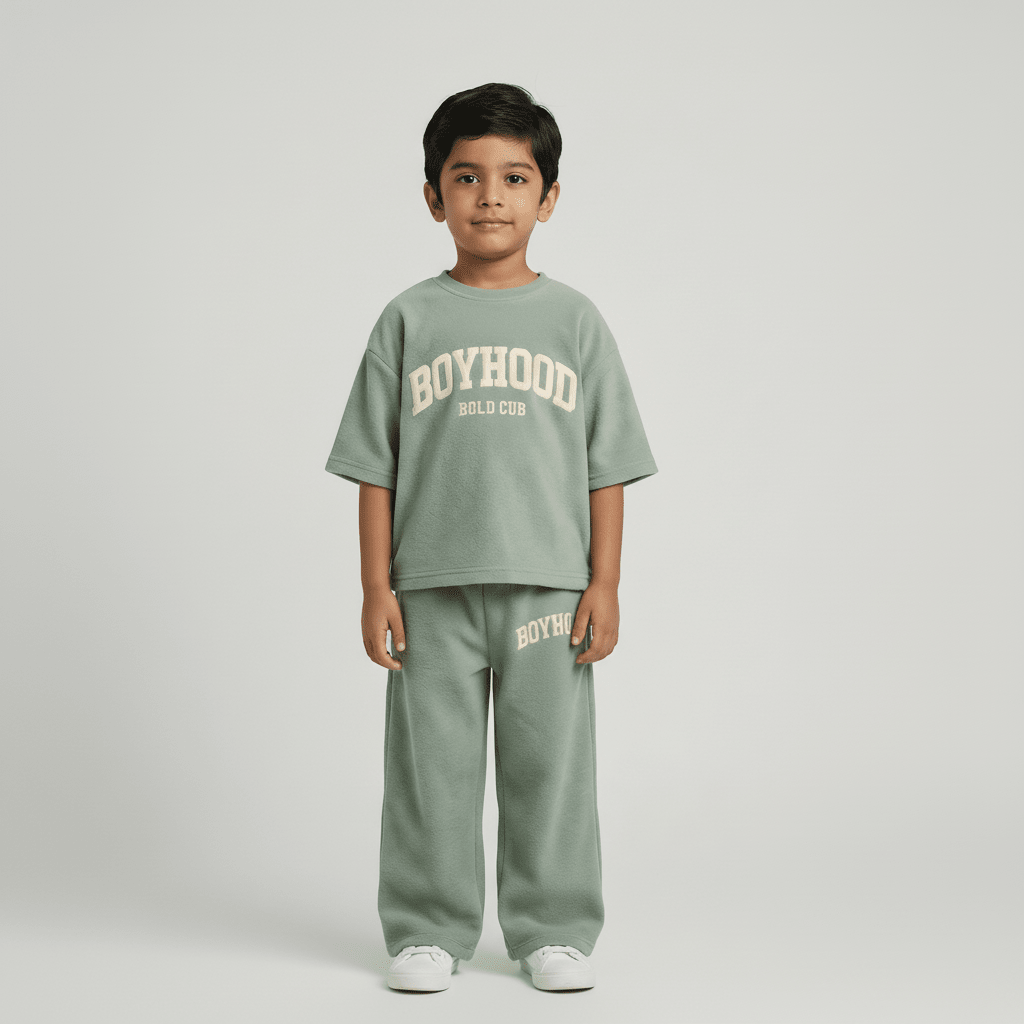 Child wearing a green 'BOYHOOD' outfit on a white background