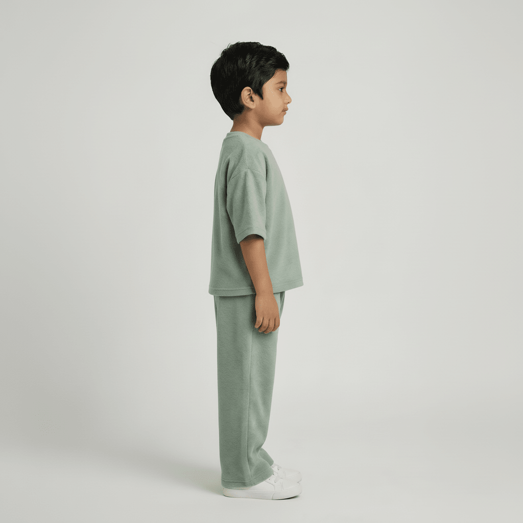 Child wearing a green outfit on a white background